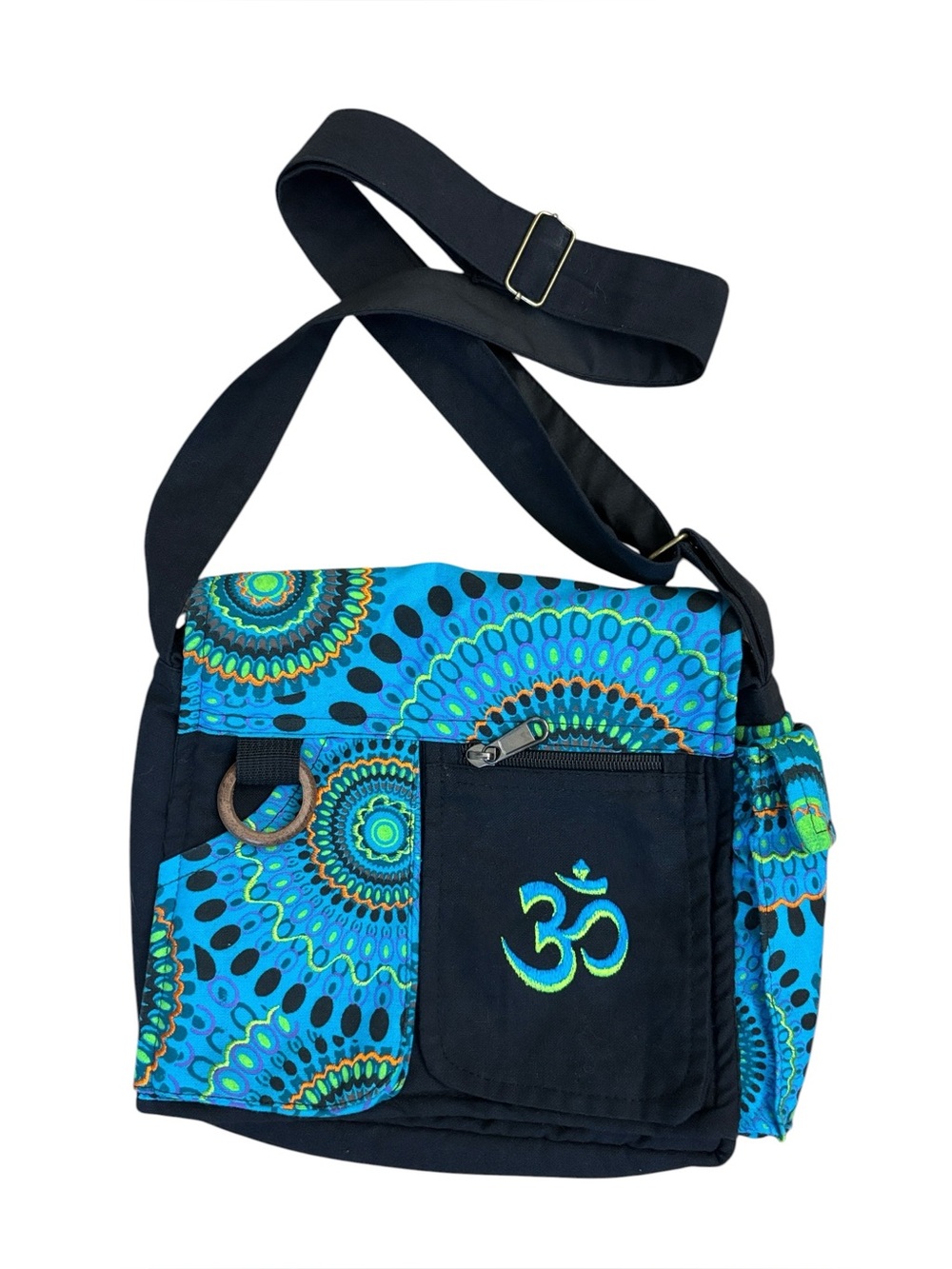 Om Mandala Adjustable Strap Shoulder Bag Cotton Blue Black Purse Yoga Zen